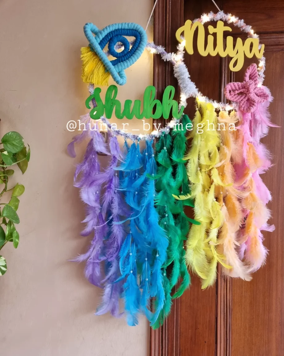 Personalized kids name rainbow dreamcatcher macrame for siblings