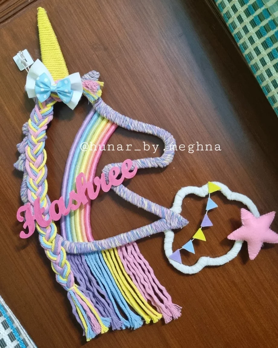macrame unicorn rainbow theme name hanging