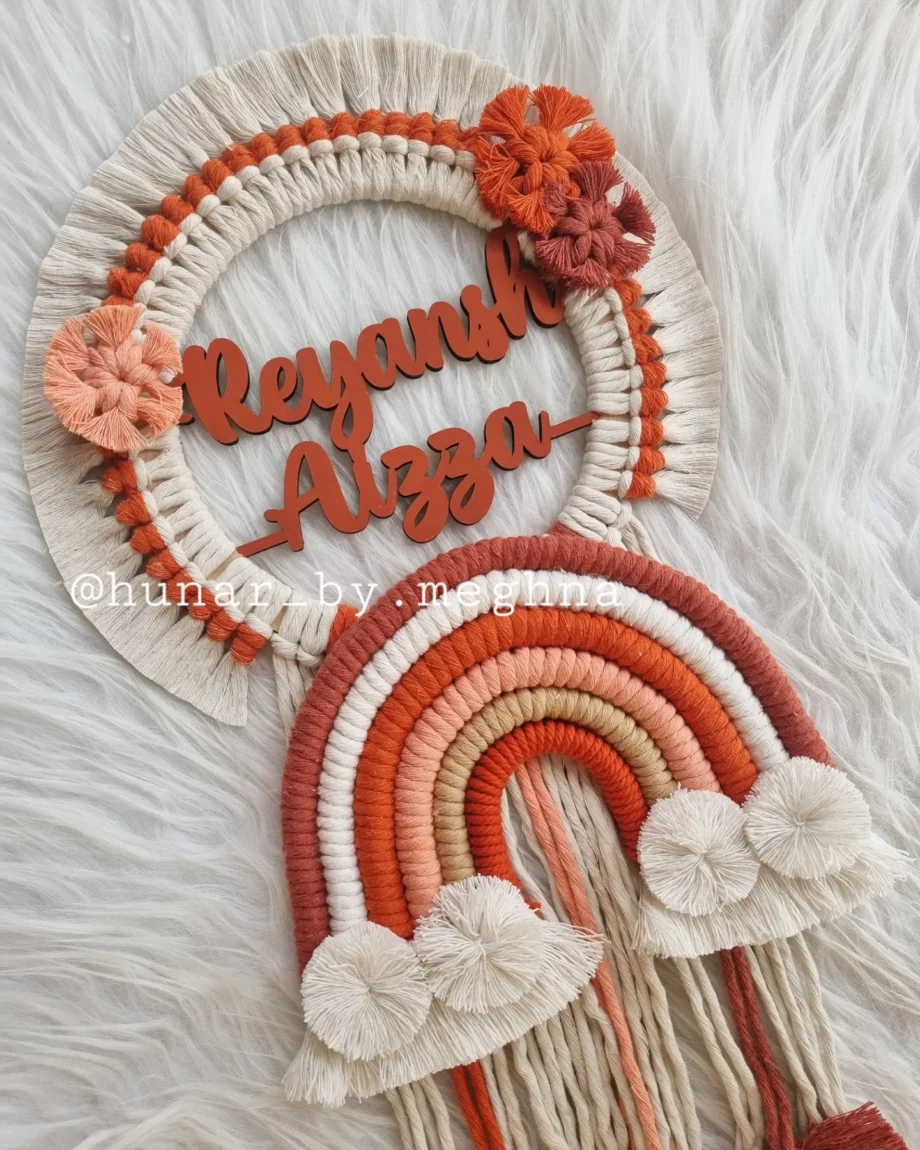 rainbow theme macrame name plate