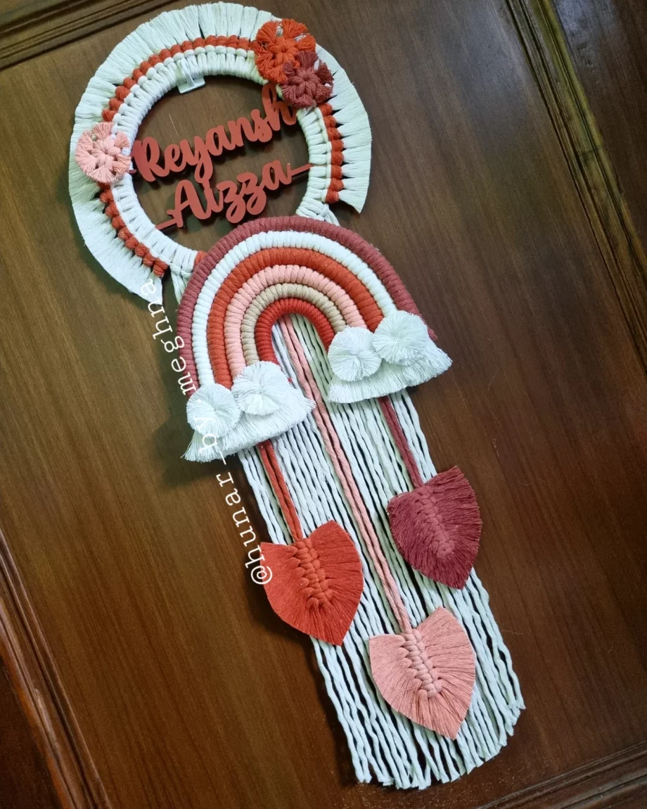 kids name wal hanging in rainbow theme macrame