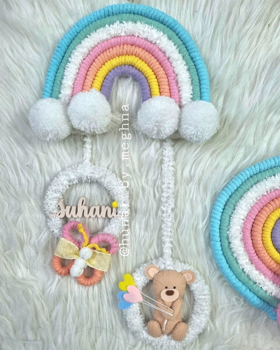 macrame rainbow name hanging for siblings
