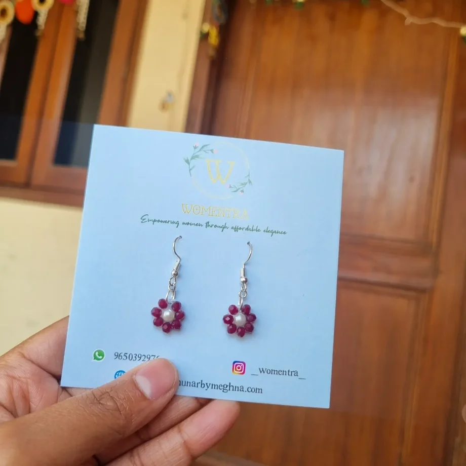 maroon wine flower beaded earrings