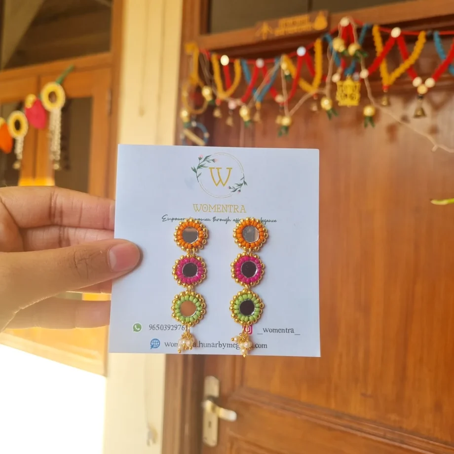 beaded festive mirror work earrings