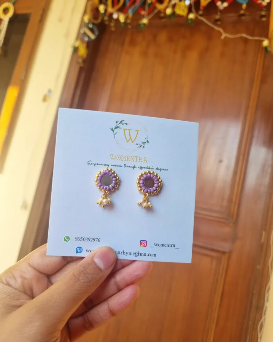 lavender ethnic beaded mirror earrings