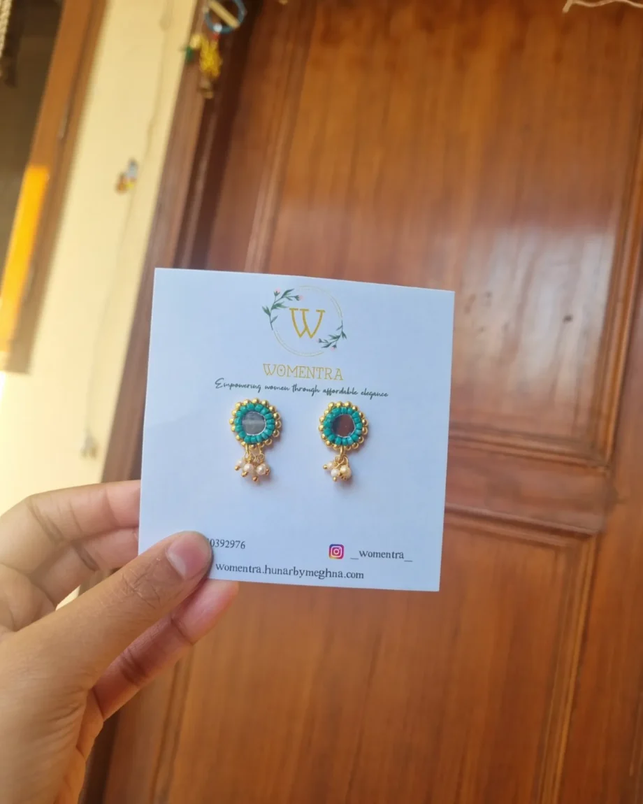 sky blue beaded mirror work earring studs