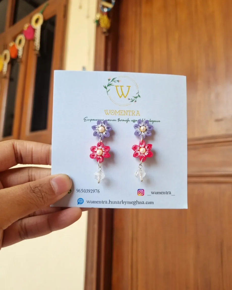 pink and purple flower earrings handmade quilling