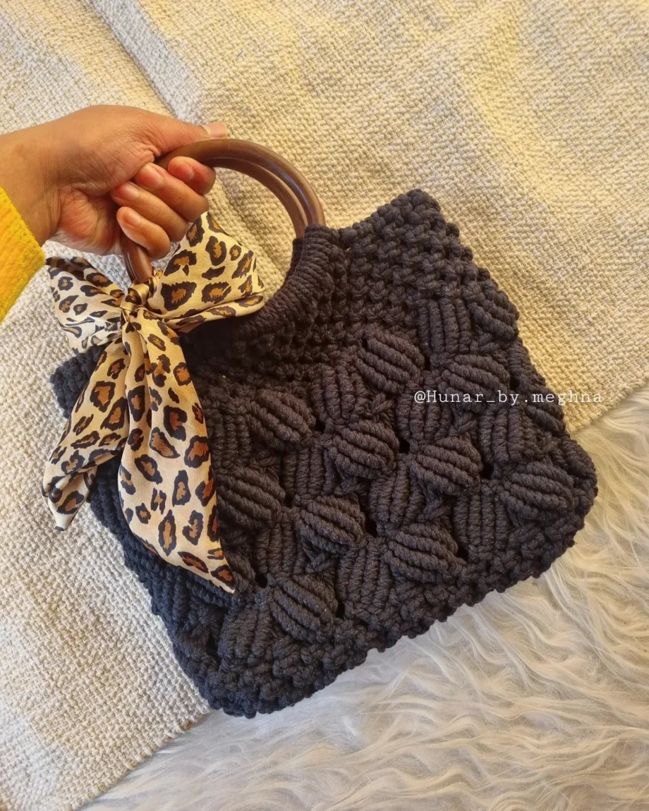 macrame hand knotted leopard print handbag
