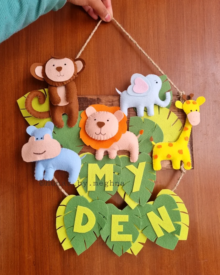 kids room decor in jungle animal theme nursery decor with lion, monkey, hippo. giraffe and elephant