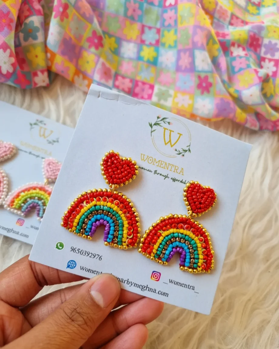handcrafted beaded rainbow and heart earrings