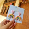 quirky rainbow beaded heart pink earrings
