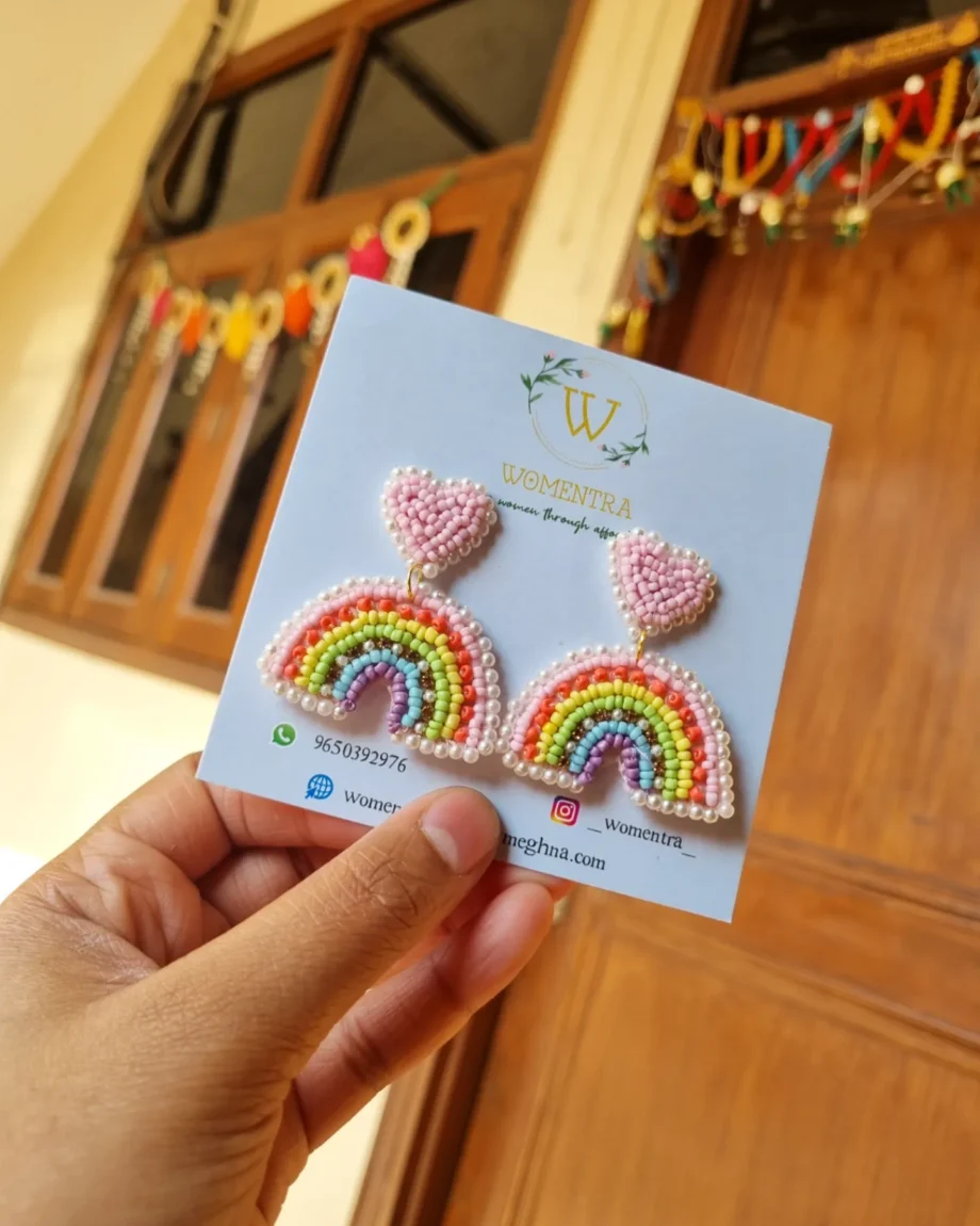quirky rainbow beaded heart pink earrings