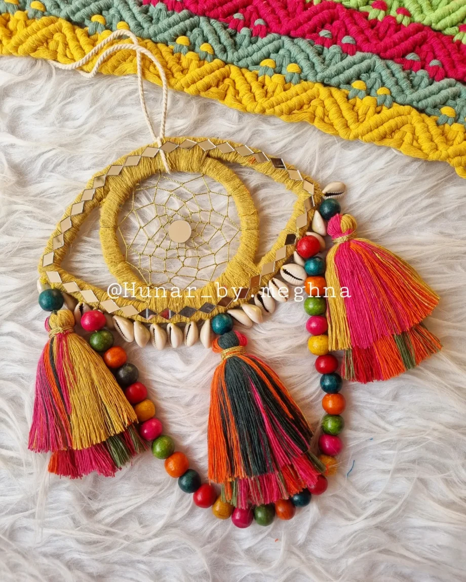 tasseled evil eye beaded mirror dreamcatcher