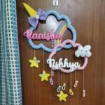 unicorn theme kids macrame name plate for sibling