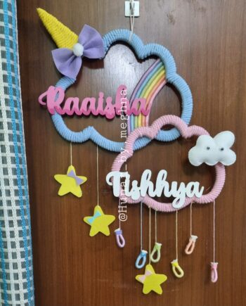 unicorn theme kids macrame name plate for sibling