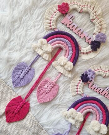 handcrafted macrame rainbow pink name hanging for kids