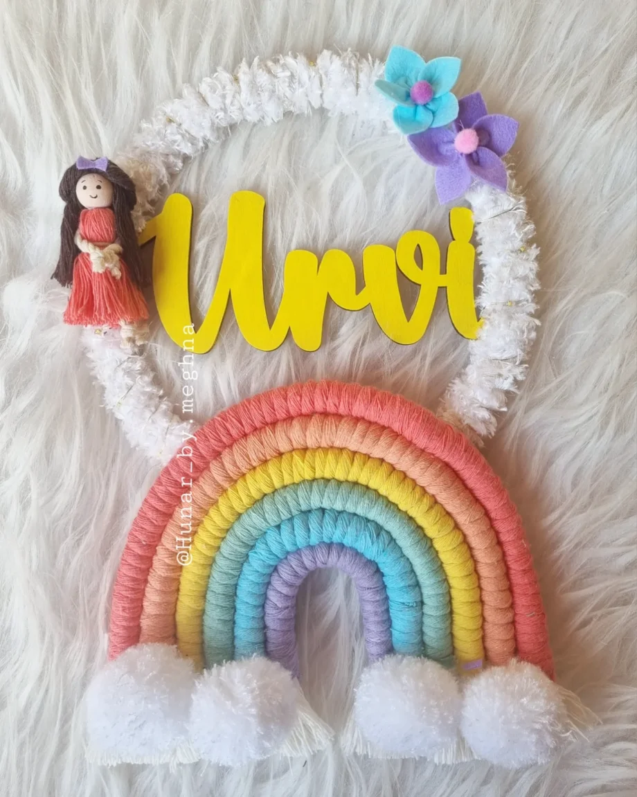 macrame doll rainbow kids name hanging
