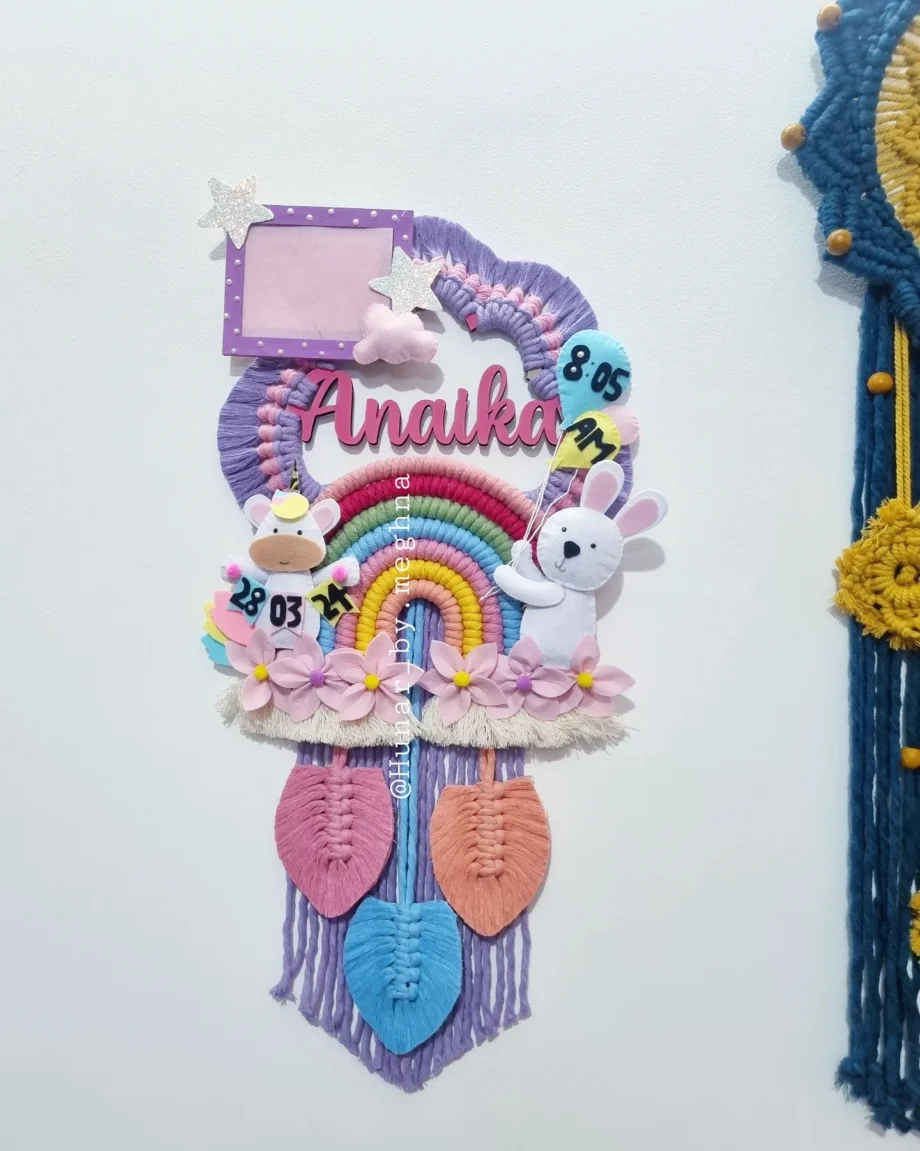 floral macrame rainbow name hanging