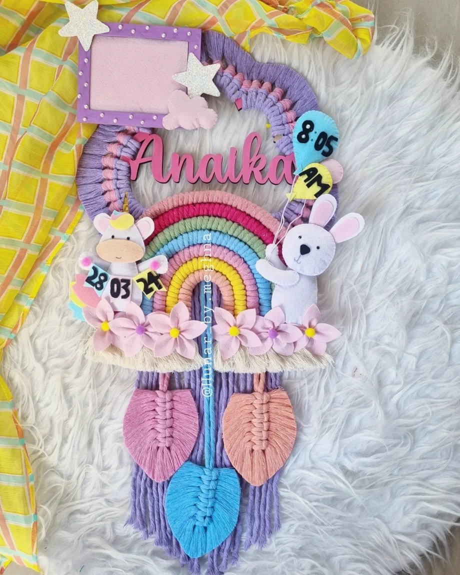 handcrafted macrame and felt name hanging for kids room decor