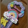 macrame flower rainbow name hanging