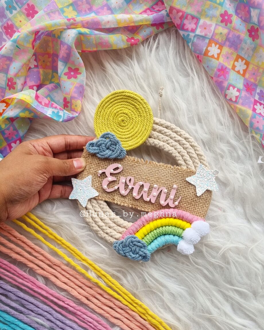 rainbow macrame celestial sphere name hanging for kids room door