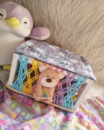 macrame wooden teddy storage basket with rainbow