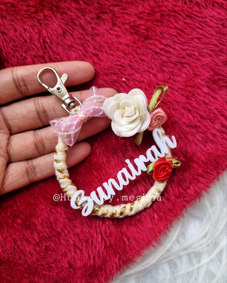 floral macrame name keychain bag tag charm