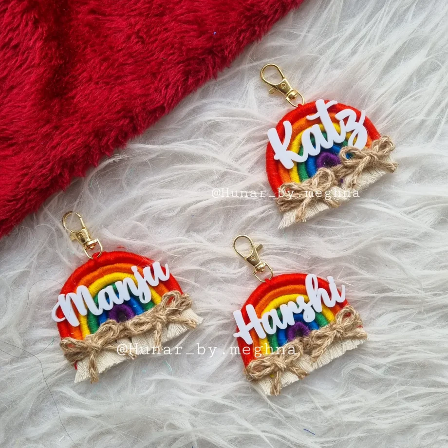 personalized macrame rainbow charm keychain with name