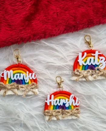 macrame rainbow colorful keychain with personalization and name.