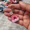 mini rainbow macrame handcrafted personalized keychains in pink