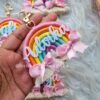 personalized pink bow macrame rainbow keychain charm with name