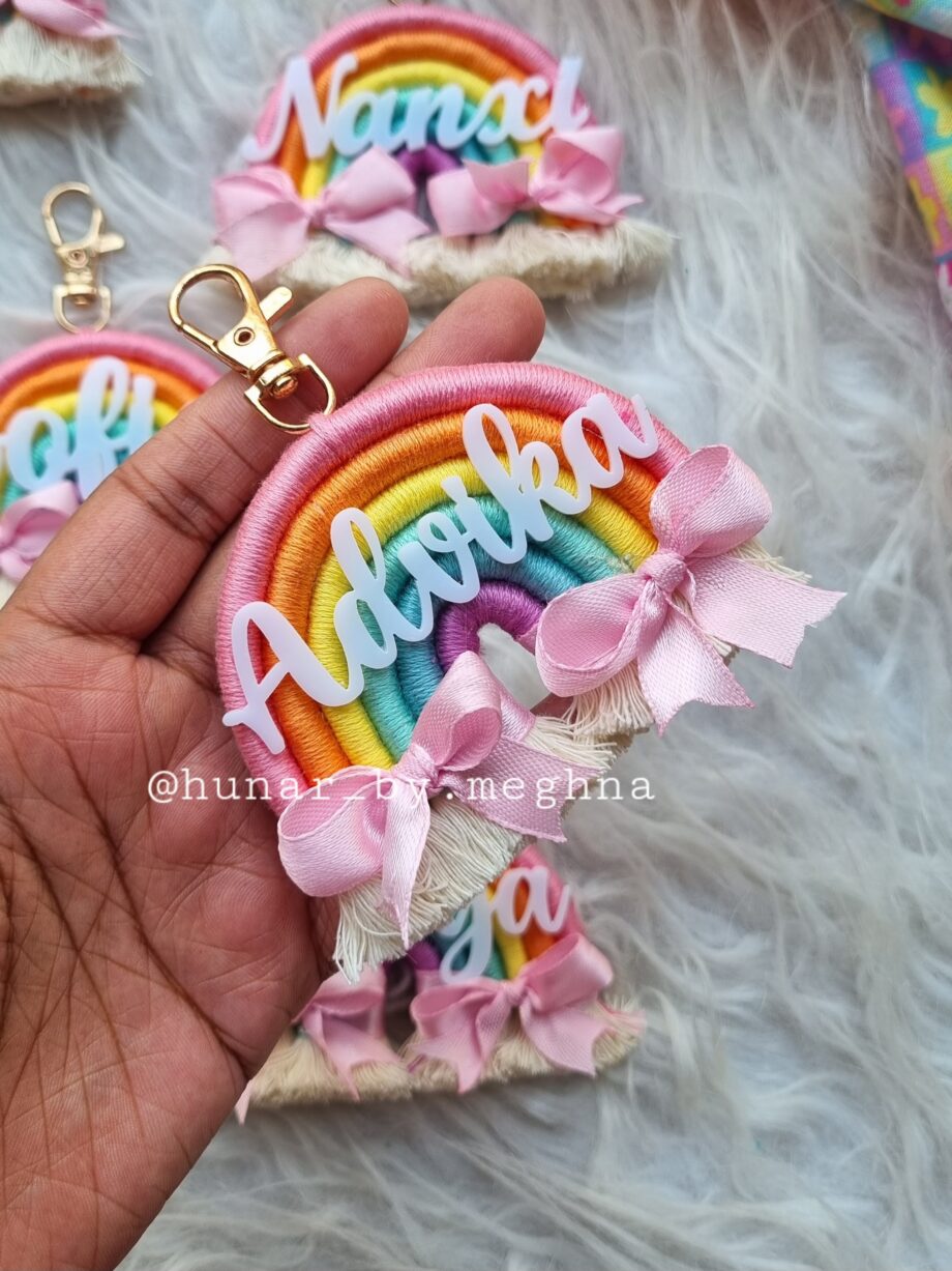 personalized pink bow macrame rainbow keychain charm with name