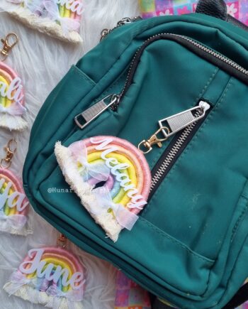 handcrafted ecofriendly macrame rainbow keychain charm with name