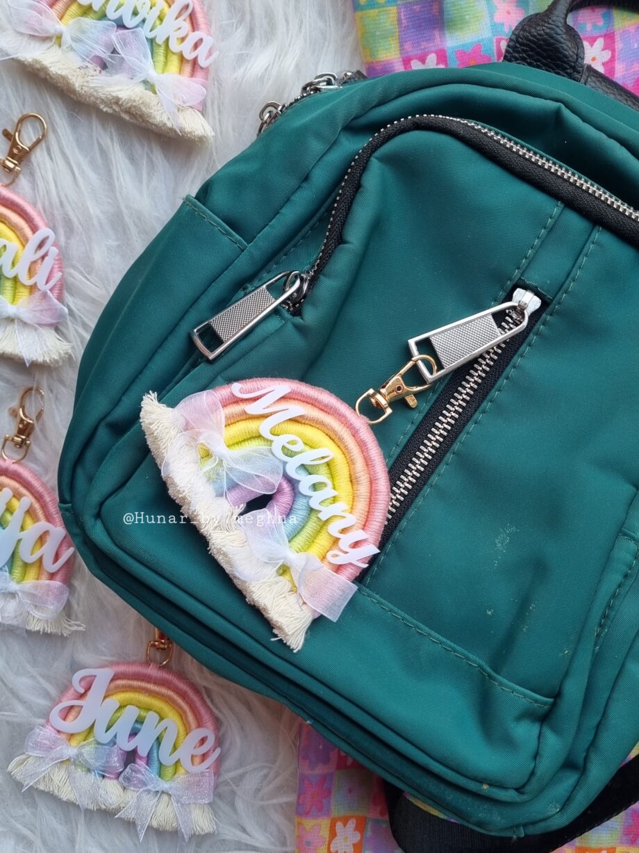 handcrafted ecofriendly macrame rainbow keychain charm with name