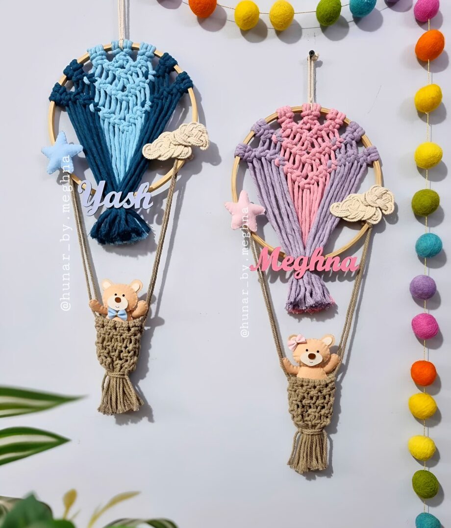 macrame hot air balloon name hanging for kids nursery room decor