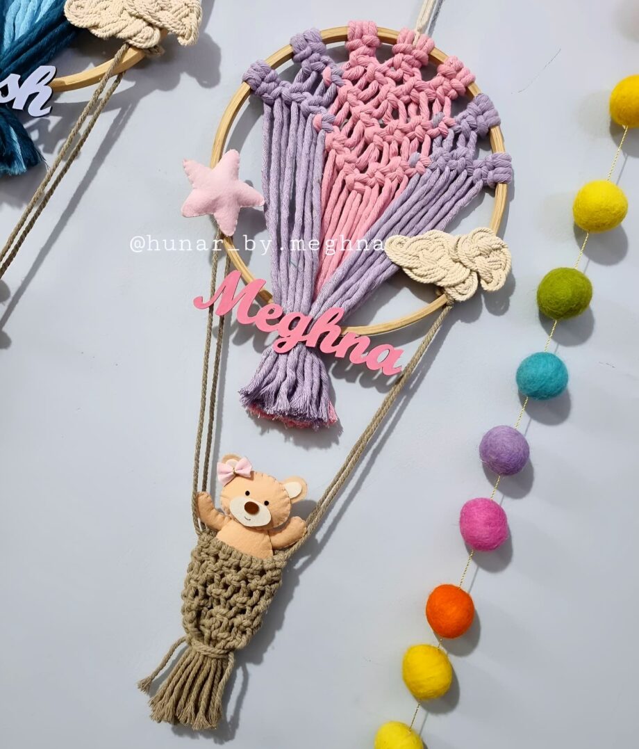 hot air balloon and teddy name hanging macrame for kids room in pink
