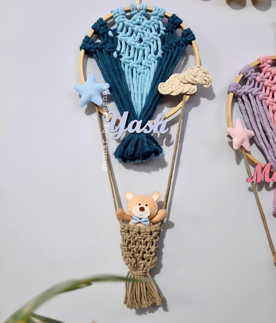 blue hot air balloon and teddy name hanging for kids room decor