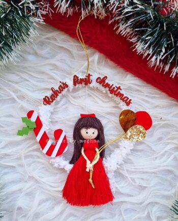 Personalized with name handcrafted macrame doll first Christmas ornament memento