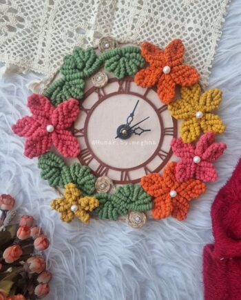handcrafted macrame flower wall clock in pretty spring color pallet
