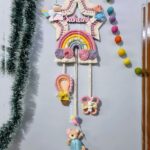 macrame name hanging with adorable teddy, hot air balloon, butterfly, unicorn and pretty rainbow