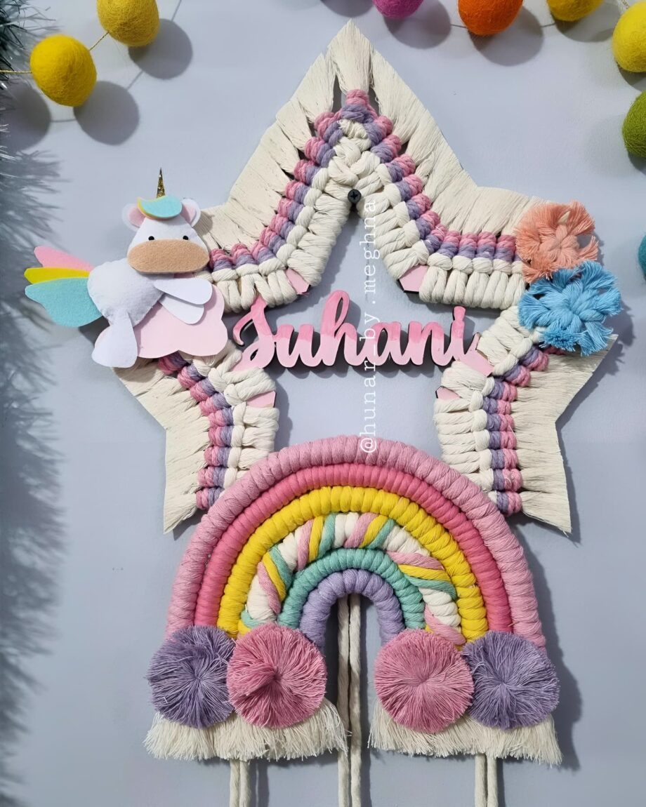 star and rainbow name hanging for kids room decor with unicorn, teddy