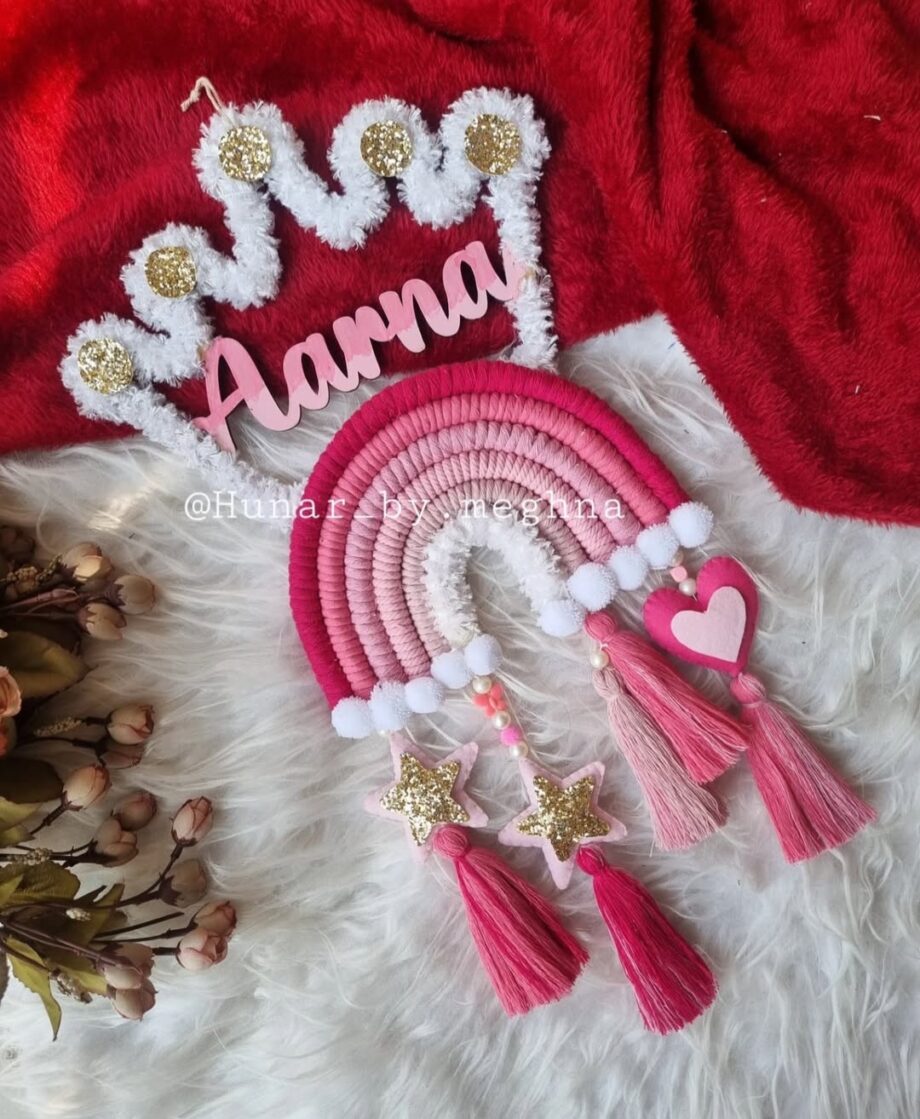 pink theme rainbow macrame name hanging for room decor