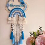 blue rainbow pallet rainbow tassled name hanging in macrame and cloud shape for kids room decor personalized gifting in frozen theme