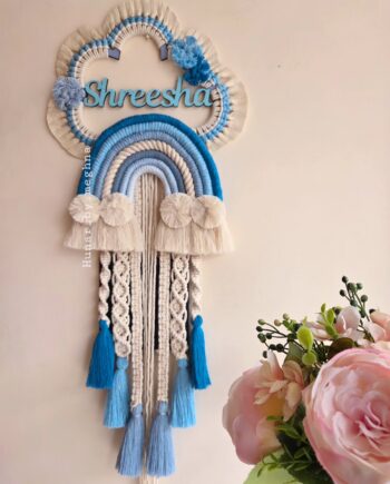 blue rainbow pallet rainbow tassled name hanging in macrame and cloud shape for kids room decor personalized gifting in frozen theme