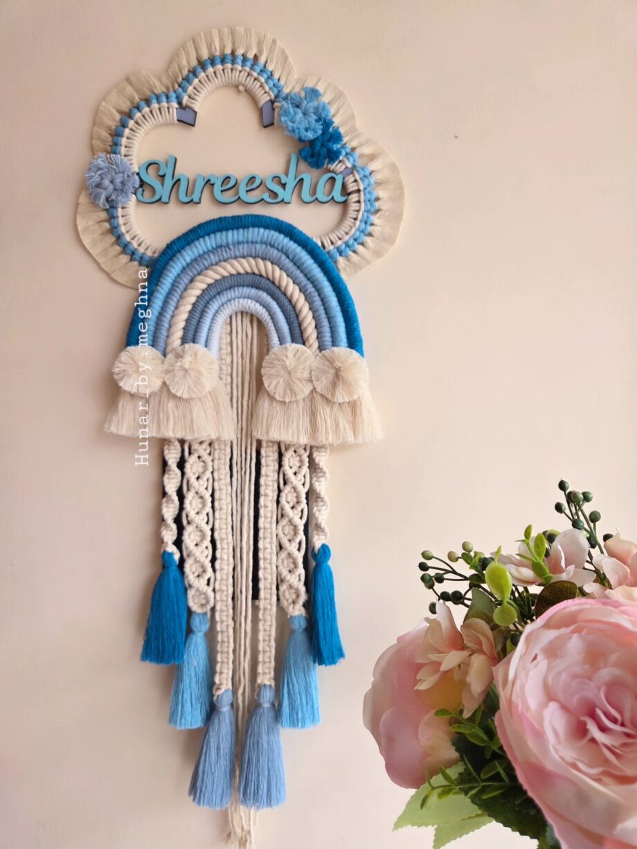 blue rainbow pallet rainbow tassled name hanging in macrame and cloud shape for kids room decor personalized gifting in frozen theme