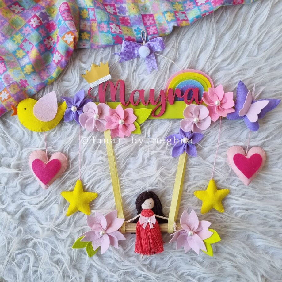 rainbow doll macrame and felt name hanging for kids room decor