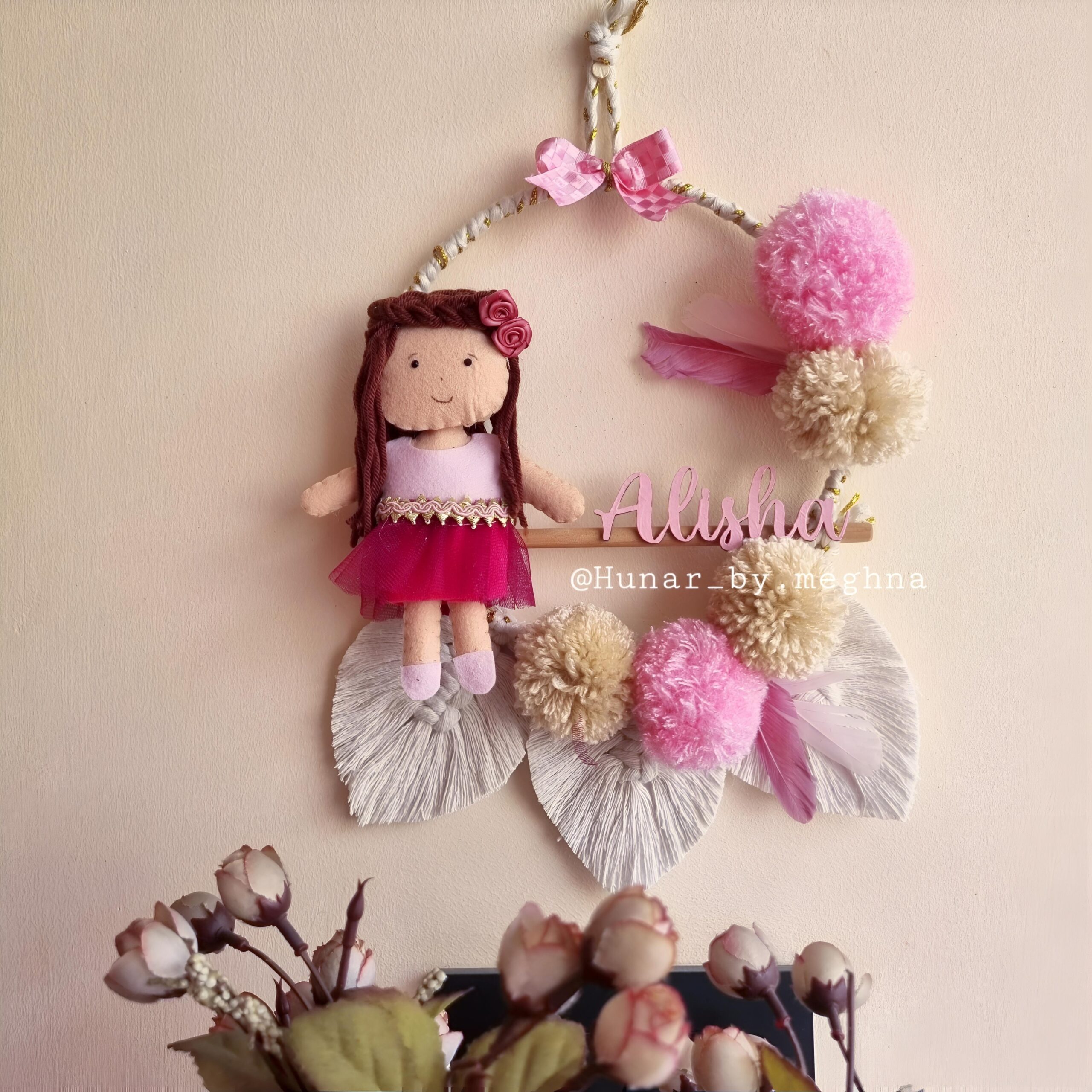 macrame leaves pompom pink name hanging personalized decor