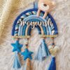 blue rainbow macrame teddy name hanging for nursery decor