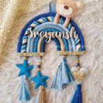 blue rainbow macrame teddy name hanging for nursery decor