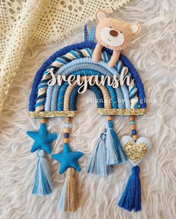 blue rainbow macrame teddy name hanging for nursery decor