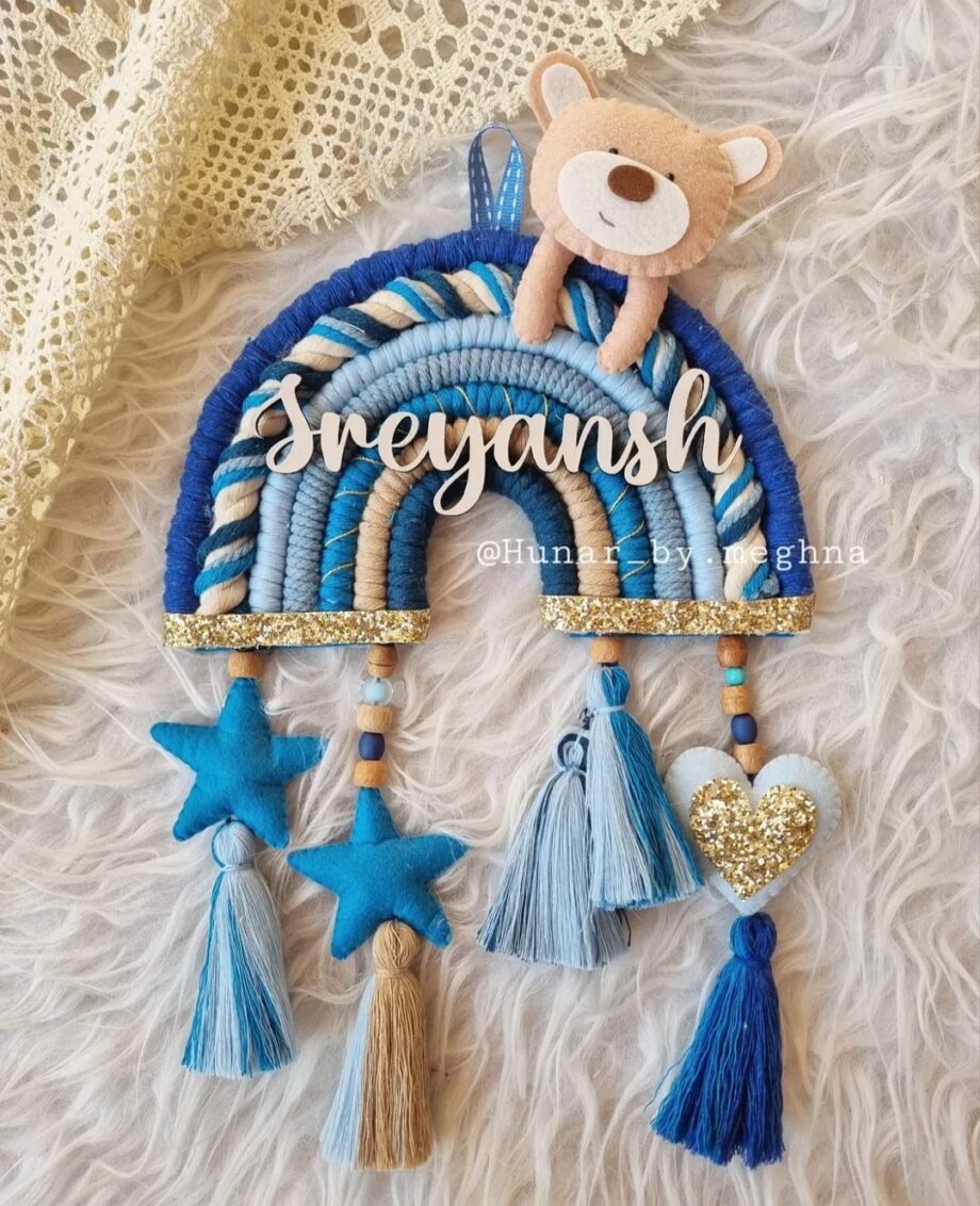 blue rainbow macrame teddy name hanging for nursery decor